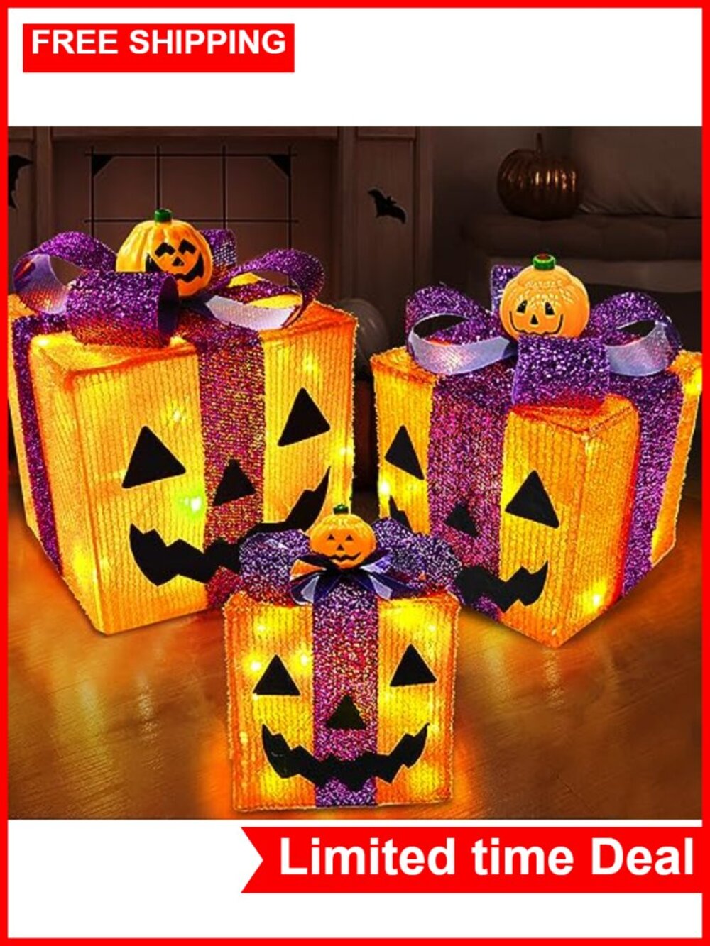 Set of 3 Lighted Halloween Gift Boxes Pumpkin Decor LED Timer 8 Modes